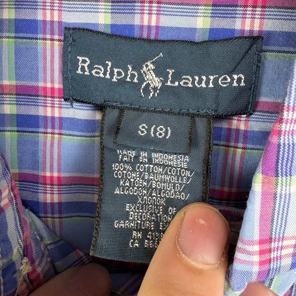 Ralph Lauren Kids Blue Plaid Button Down Shirt Size S 8 Long Sleeve Cotton